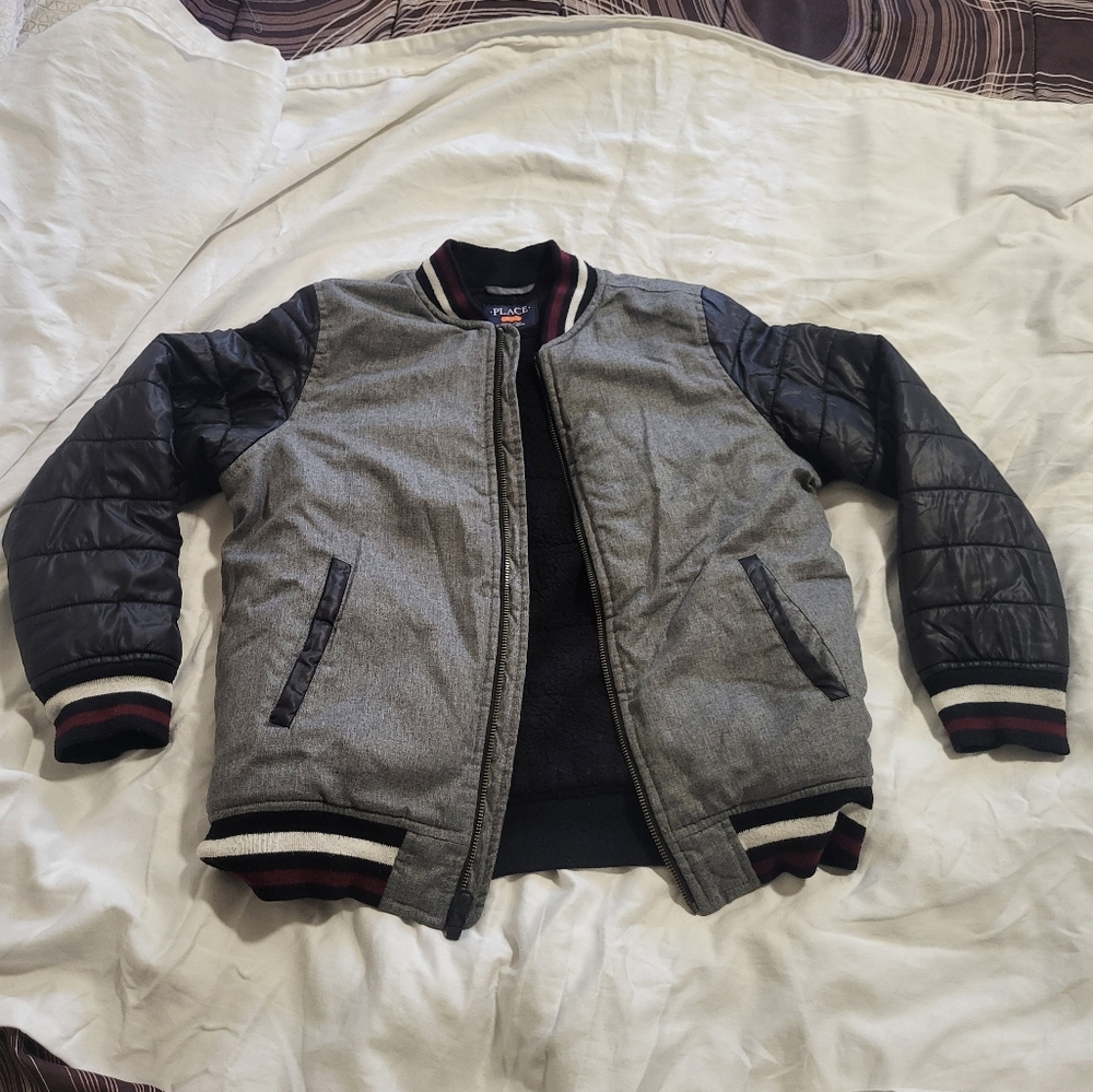 Place Black and Gray Varsity Bomber Jacket with Ribbed Details